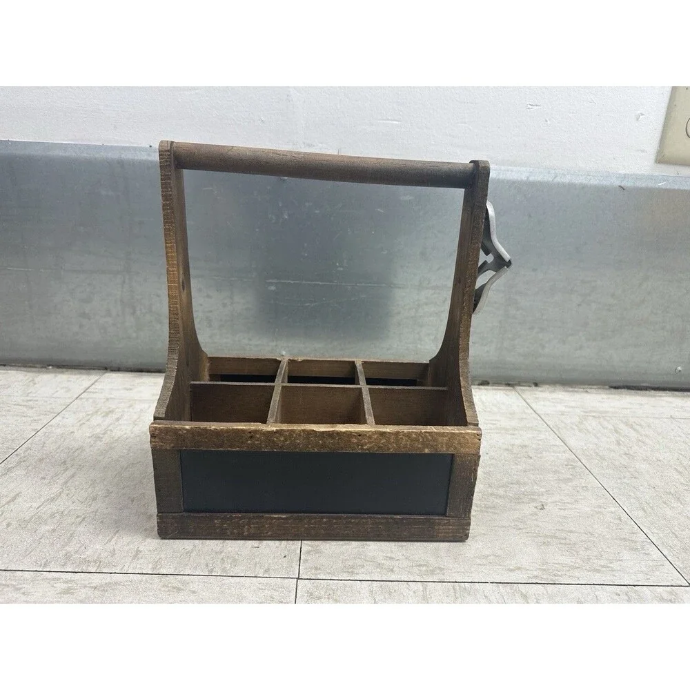 Rustic Wood 6 Bottle Beer Caddy Tote Dual Chalkboard Bottle Opener Carrier